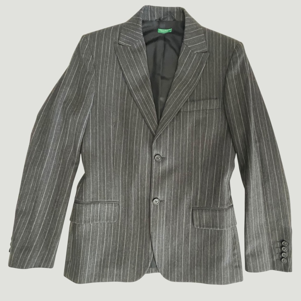 Benetton Womens Gray Pinstripe Blazer IT 46 Cotton Wool Career Office Jacket